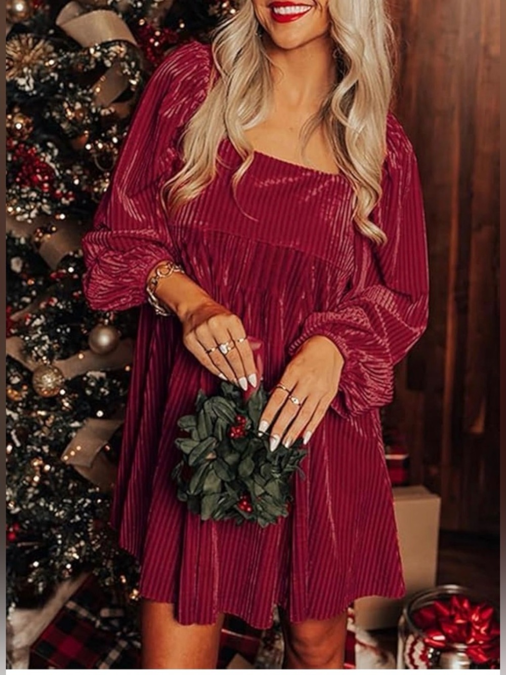 Burgundy Velvet Mini Dress with Square Neck